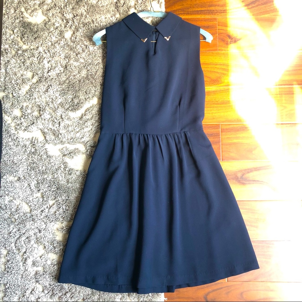 Embellished Gold Pointed Collar Keyhole Navy Dress